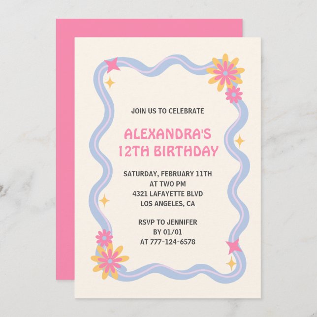 Invitation à 12e anniversaire Retro Super Rose Fle (Devant / Derrière)