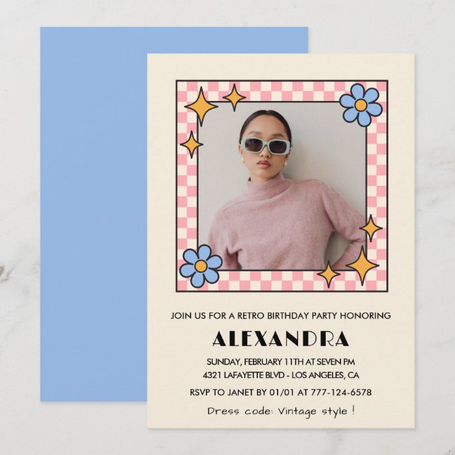 Invitation à 16e anniversaire Retro Super Blue Flo (Devant / Derrière)