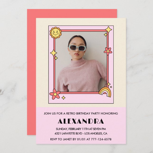 Invitation à 17e anniversaire Retro Super rose flo (Devant / Derrière)