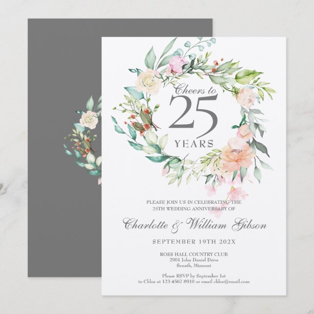 Invitation À 25 ans de mariage, anniversaire de mariage argen (Devant / Derrière)