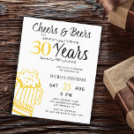 Invitation à 30e anniversaire à la bière et à la b<br><div class="desc">Décontracté rire et bières hommes de fête de trente ans budget abordable carte d'invitation avec un script de typographie sophistiqué, une tasse de bière doodle jaune, et tourbillons de style vintage. Convient à tout âge ou à toute fête d'anniversaire. Facile à personnaliser en changeant l'âge, le nom et les détails...</div>