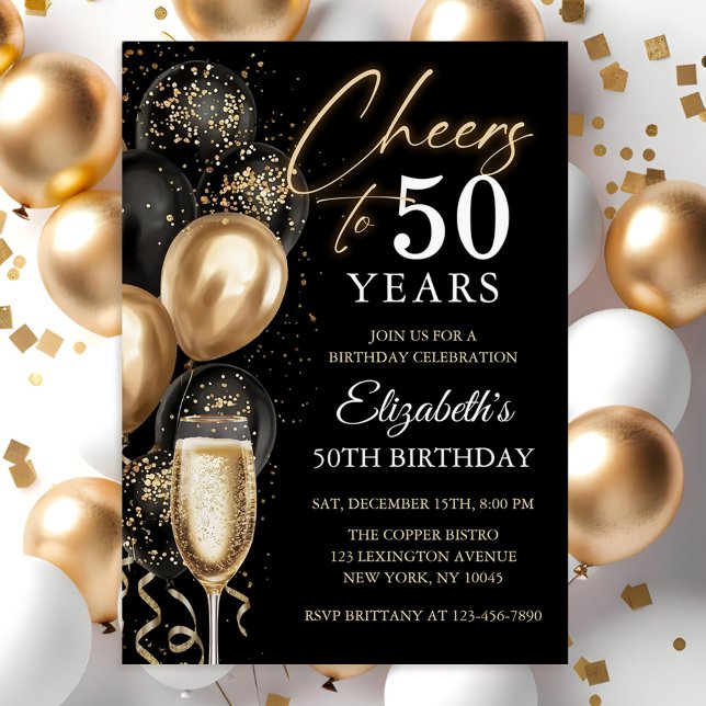 Invitation À 50 Ans Ballons Noirs et Dorés (Créateur téléchargé)