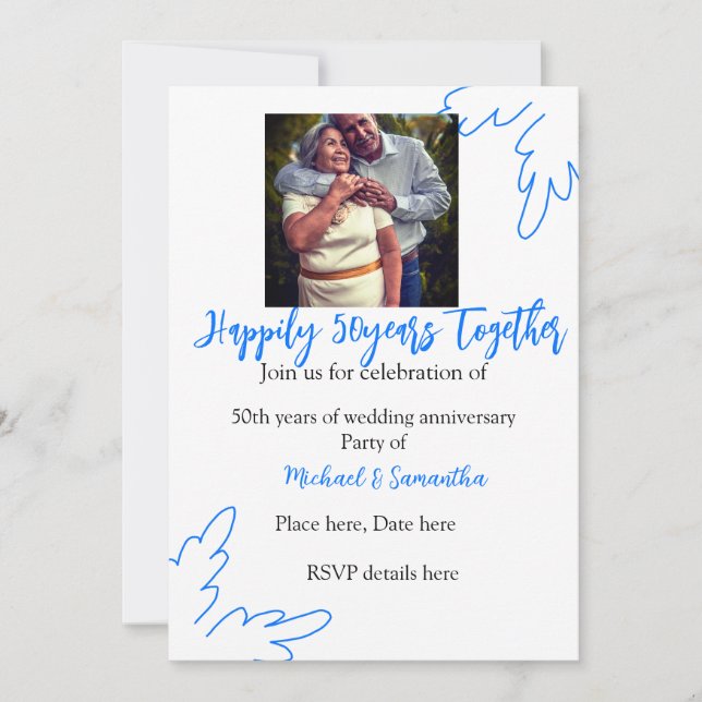 Invitation à 50 ans de mariage feuille bleue photo nom (Devant)