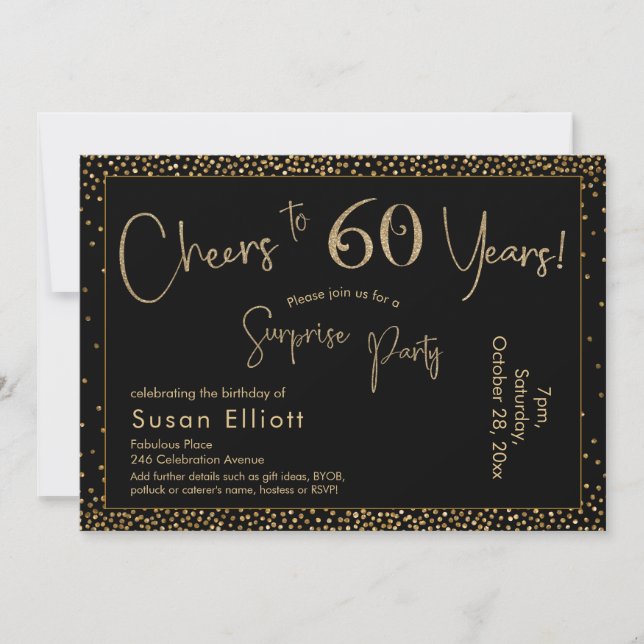 Invitation À 60 Ans Anniversaire Surprise Or et Noir (Devant)