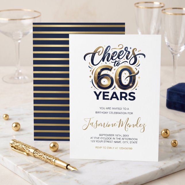 Invitation À 60 ans Élégant Or Bleu Anniversaire  (Créateur téléchargé)