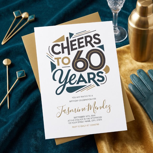 Invitation À 60 ans, félicitations Rétro Or Bleu Anniversaire (Créateur téléchargé)