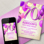 Invitation à 70e anniversaire des ballons roses<br><div class="desc">Une fête, une fête entière, et rien d'autre qu'une fête. C'est ce qu'il y a dans cette conception d'anniversaire. Avec ses numéros audacieux et sa typographie élégante entourée de ballons, ce design est aussi chic, tendance et flirtant qu'elle l'est. Les couleurs rose, magenta et or donnent un air féministe et...</div>