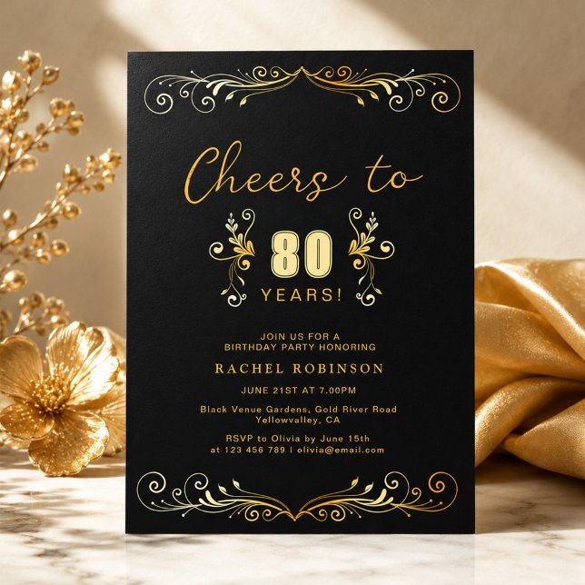 Invitation À 80 Ans de Félicitations Fête d'Anniversaire Noir (Créateur téléchargé)