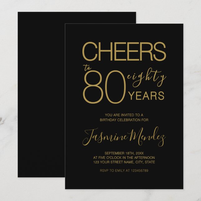 Invitation À 80 ans, élégant Anniversaire Or Noir  (Devant / Derrière)