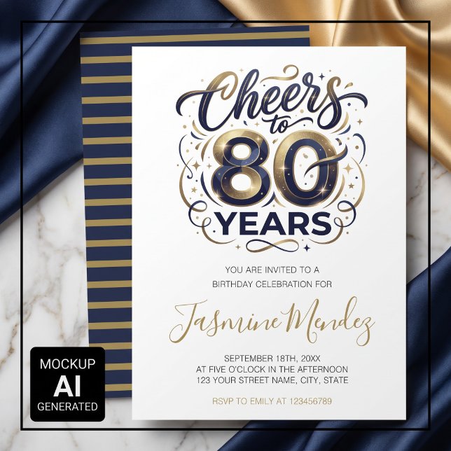 Invitation À 80 ans Élégant Or Bleu Anniversaire  (Créateur téléchargé)