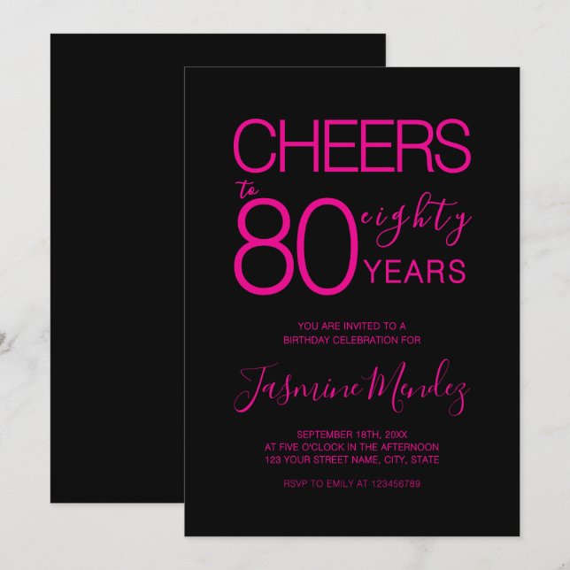 Invitation À 80 ans Élégant Rose Noir Anniversaire  (Devant / Derrière)