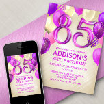 Invitation à 85e anniversaire des ballons roses<br><div class="desc">Une fête, une fête entière, et rien d'autre qu'une fête. C'est ce qu'il y a dans cette conception d'anniversaire. Avec ses numéros audacieux et sa typographie élégante entourée de ballons, ce design est aussi chic, tendance et flirtant qu'elle l'est. Les couleurs rose, magenta et or donnent un air féministe et...</div>