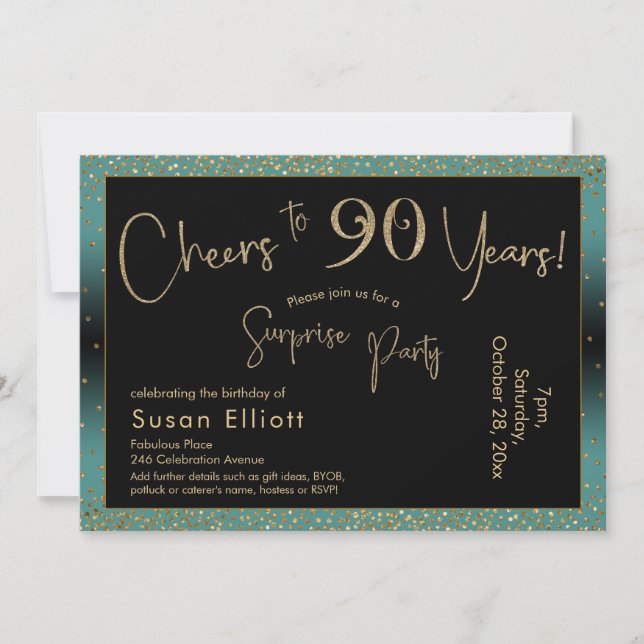 Invitation À 90 ans, félicitations Teal et Or (Devant)