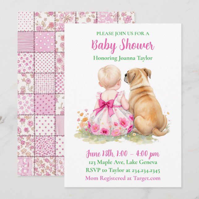 Invitation A Baby and Her Dog | Girl's Pink Baby Shower (Devant / Derrière)