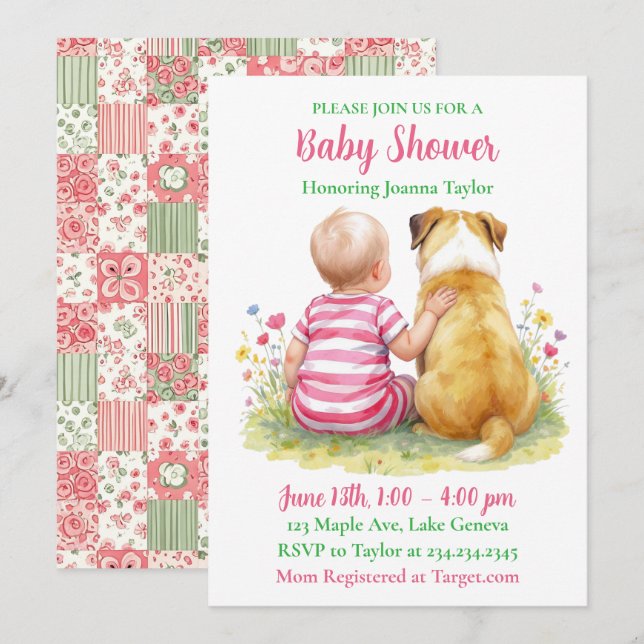 Invitation A Baby and Her Dog | Girl's Pink Baby Shower (Devant / Derrière)