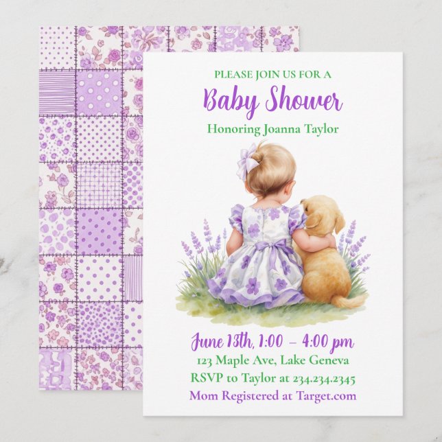 Invitation A Baby and Her Dog | Girl's Purple Baby Shower (Devant / Derrière)