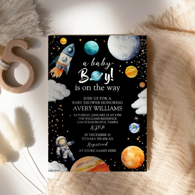 Invitation A Baby Boy Is On The Way Black Space Baby Shower (Créateur téléchargé)