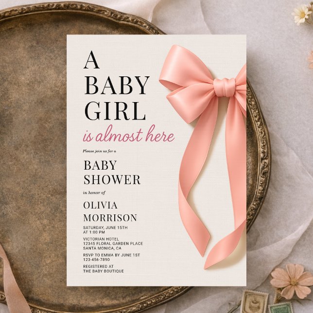 Invitation A Baby Girl is Almost Here Pink Bow Baby Shower (Créateur téléchargé)