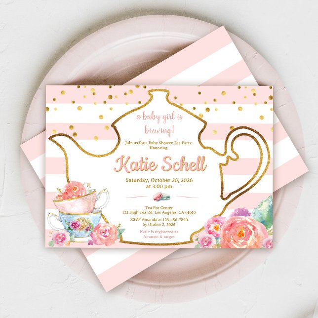 Invitation A Baby is Brewing Blush Flower Baby Shower Tea (Créateur téléchargé)