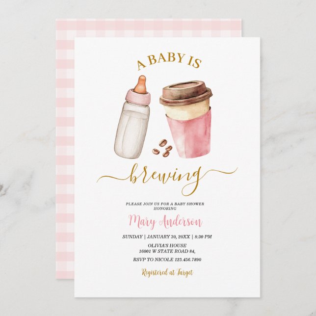 Invitation A Baby Is Brewing Coffee Baby Shower for girl (Devant / Derrière)