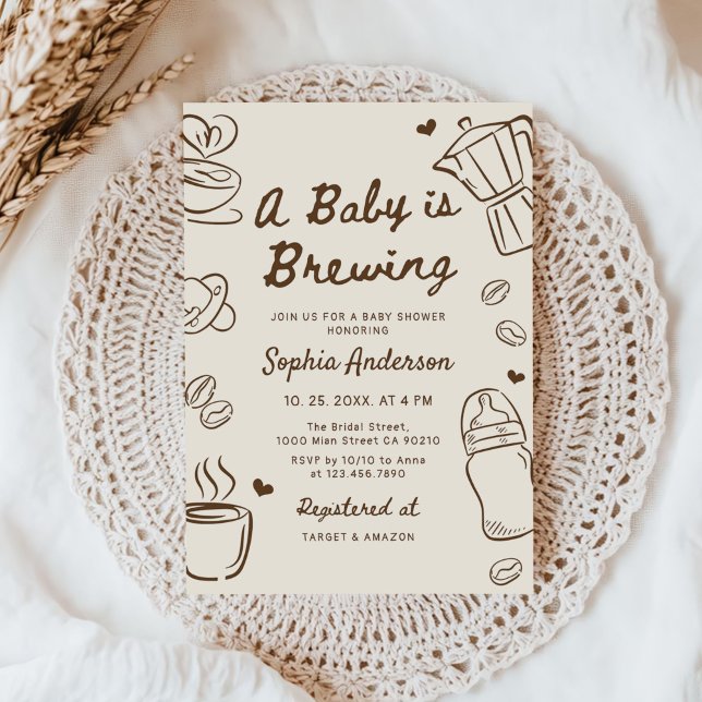 Invitation A Baby is Brewing Hand Drawn Coffee Baby Shower (Créateur téléchargé)