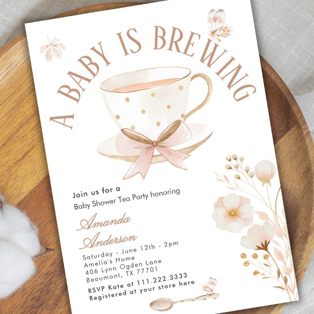 Invitation A Baby Is Brewing Tea Party Bow Baby Shower Pastel (Créateur téléchargé)
