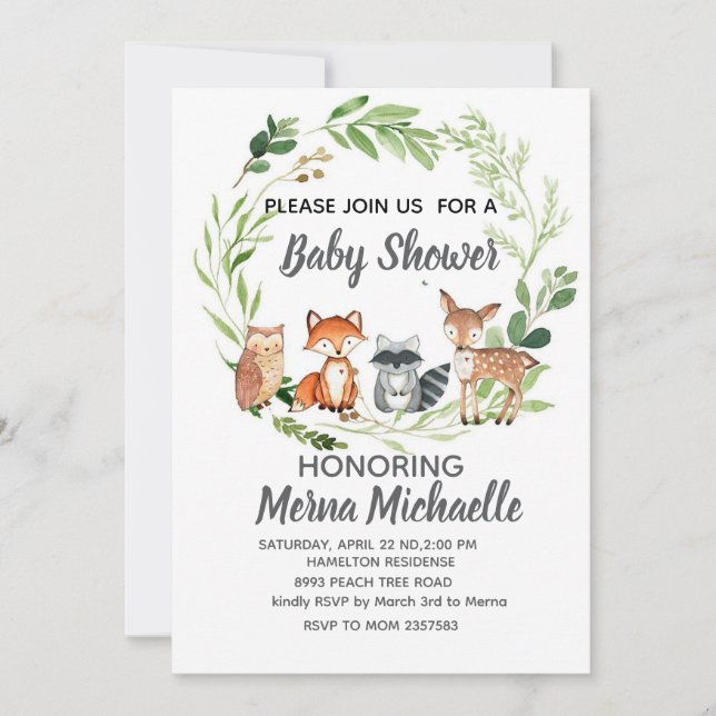 invitation à baby shower d'animaux de bois (Devant)