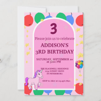 Invitation à ballons unicorne 3e anniversaire
