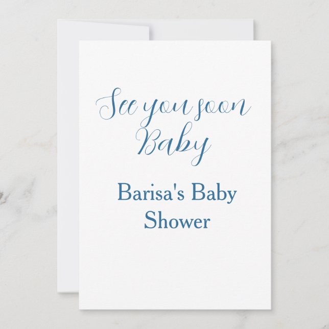 Invitation à bientôt baby shower bleu nom date simple (Devant)