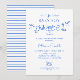 Invitation À bientôt l'été, vêtements de plage sur un fil Bab