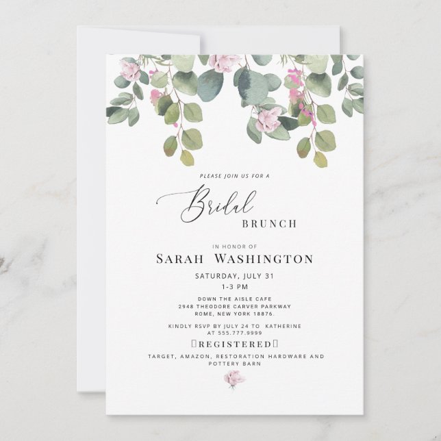 Invitation à Brunch de la nuptiale rose Eucalyptus (Devant)