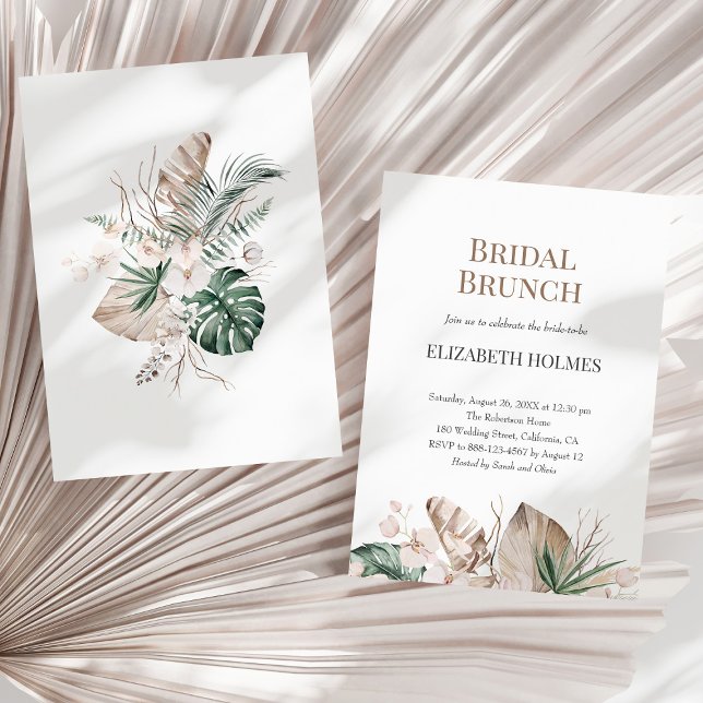 Invitation à Brunch nuptial de Monstera d'orchidée (Tropical Orchid Monstera Bridal Brunch Invitation on a sunny neutral dry palm leaf.)