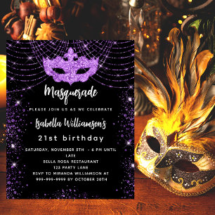 Invitation à budget noir violet masquerade