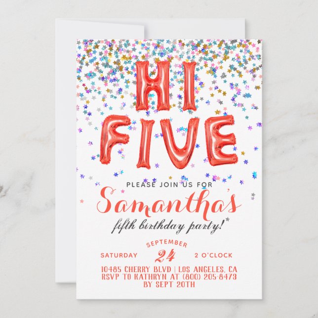 Invitation à Confetti pour les cinq ans de l'année (Devant)