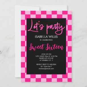 Invitation à damiers rétro rose chaud clair Lets party Sweet