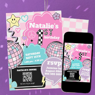 Invitation à damiers Retro Super Disco 1ère fête d'anniversai