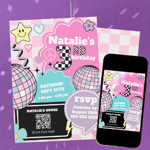 Invitation à damiers Retro Super Disco 3ème fête d'anniversai