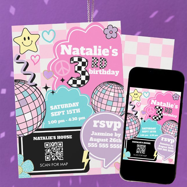 Invitation à damiers Retro Super Disco 3ème fête d'anniversai (Créateur téléchargé)