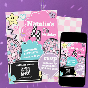 Invitation à damiers Retro Super Disco 4e fête d'anniversaire