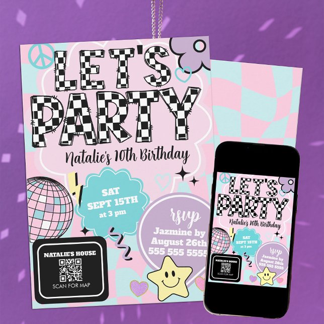 Invitation à damiers Retro Super Disco Fêtons Anniversaire (Créateur téléchargé)