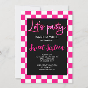 Invitation à damiers rose chaud blanc Lets party Sweet 16 pho