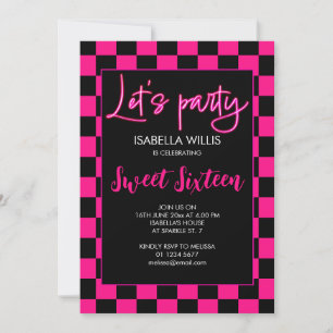 Invitation à damiers rose chaud noir Lets party Sweet 16 phot