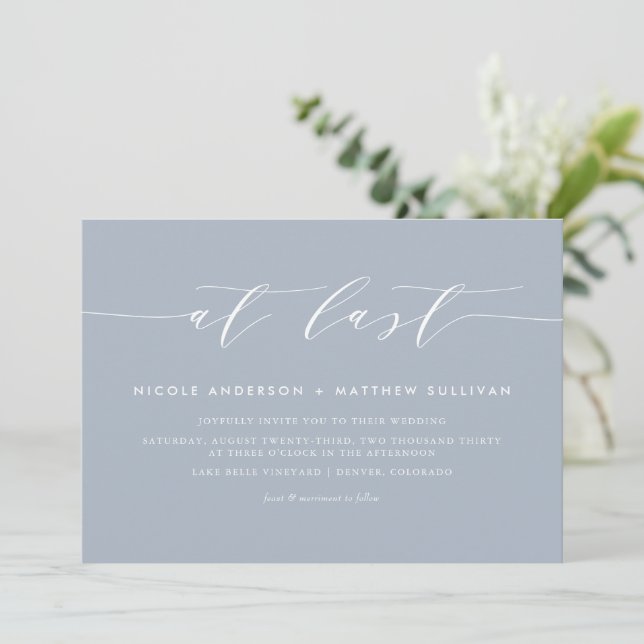 Invitation À Dernier Dusty Blue Minimalist Script Mariage (Debout devant)