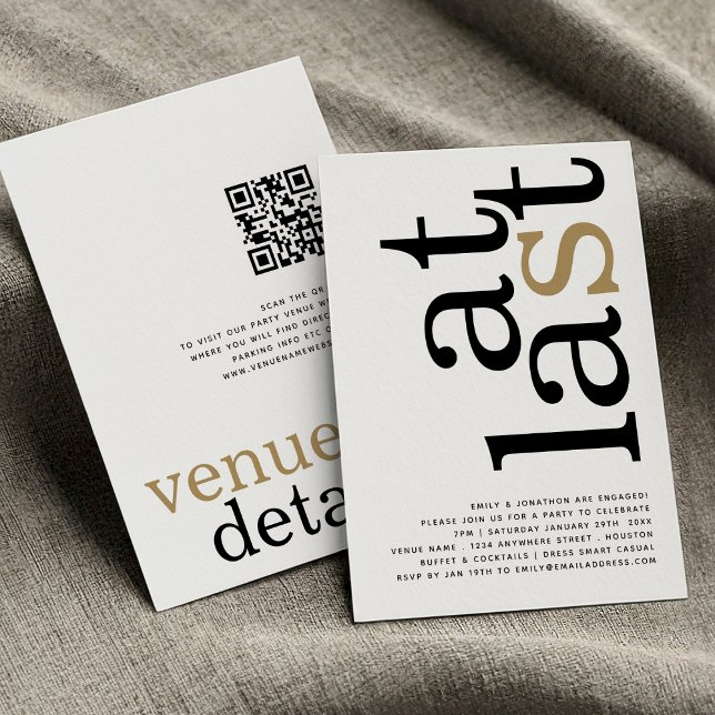 Invitation À Dernier QR Code Blanc Black Gold Fiançailles (front and back view)