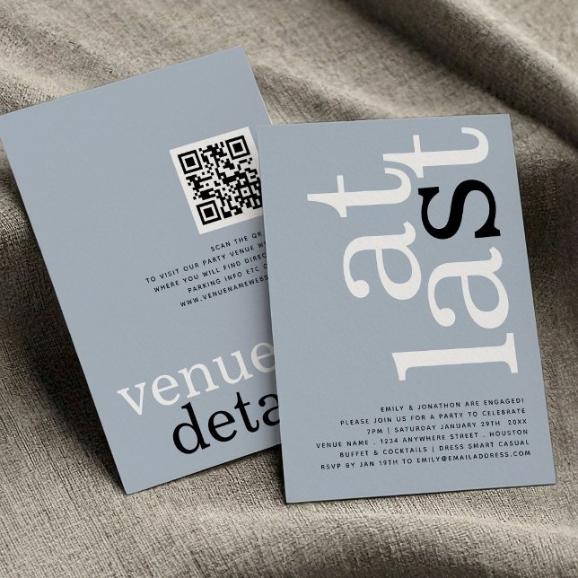 Invitation À Dernier QR Code Dusty Blue Fiançailles Invitatio (front and back view)