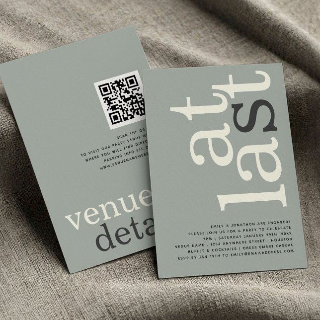 Invitation À Dernier QR Code Sage Ivory Fiançailles Invitatio (front and back view)