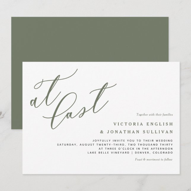Invitation À Dernier Taupe Green Mariage de calligraphie mode (Devant / Derrière)