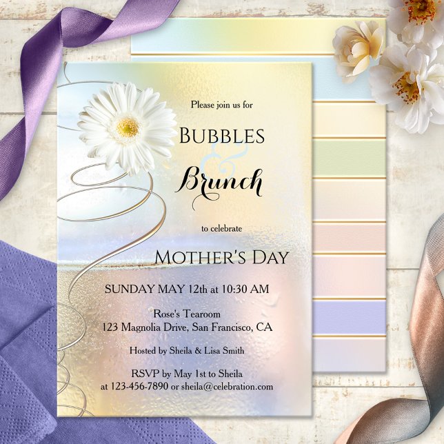 Invitation à des bulles et brunch de célébration p (Elegant Bubbles & Brunch invitation featuring festive swirls and a daisy flower)