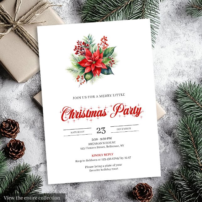 Invitation à dîner moderne avec poinsettia rouge b (Modern Botanical Red Poinsettia Dinner Invitation)