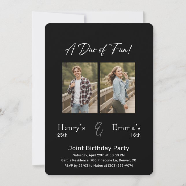 Invitation A Duo of Fun Photo Joint Double Birthday Party (Devant)